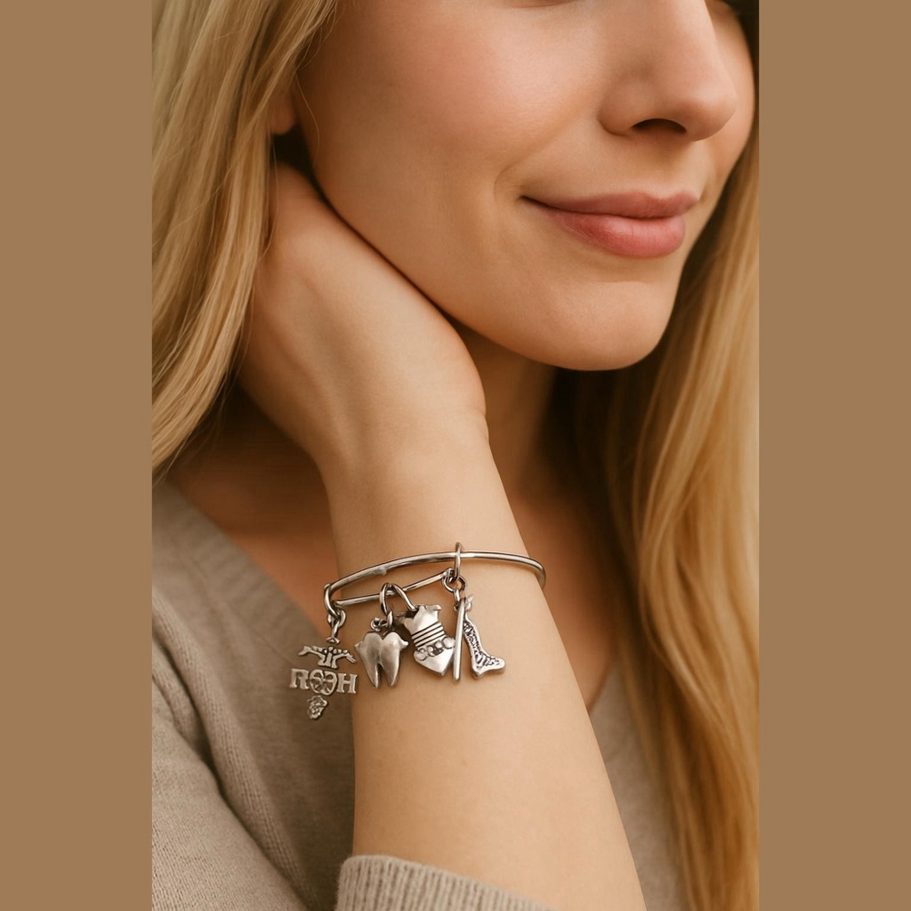 Silver Dental Theme Charm Bangle Bracelet One Size